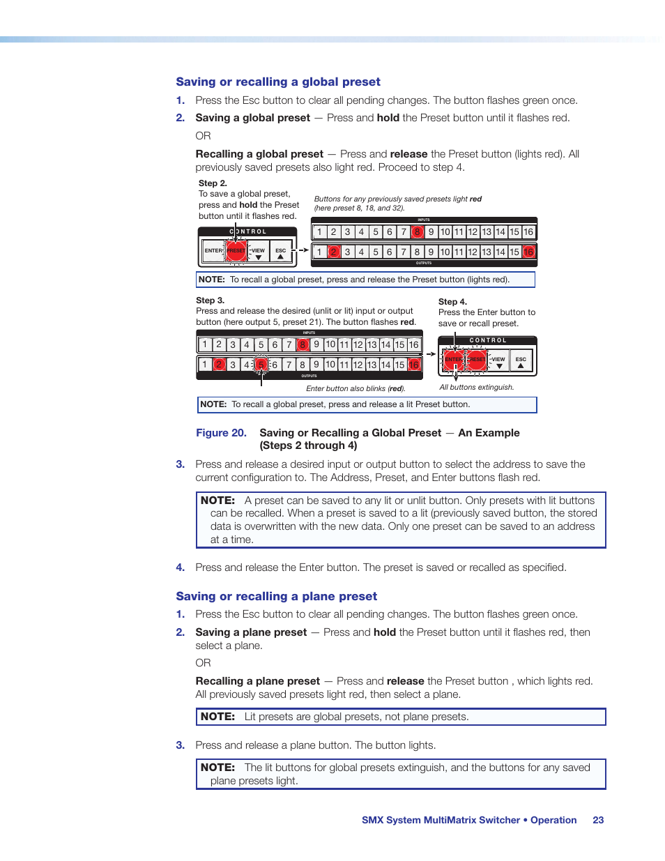 Saving or recalling a global preset, Saving or recalling a plane preset | Extron Electronics SMX System User Guide User Manual | Page 29 / 124