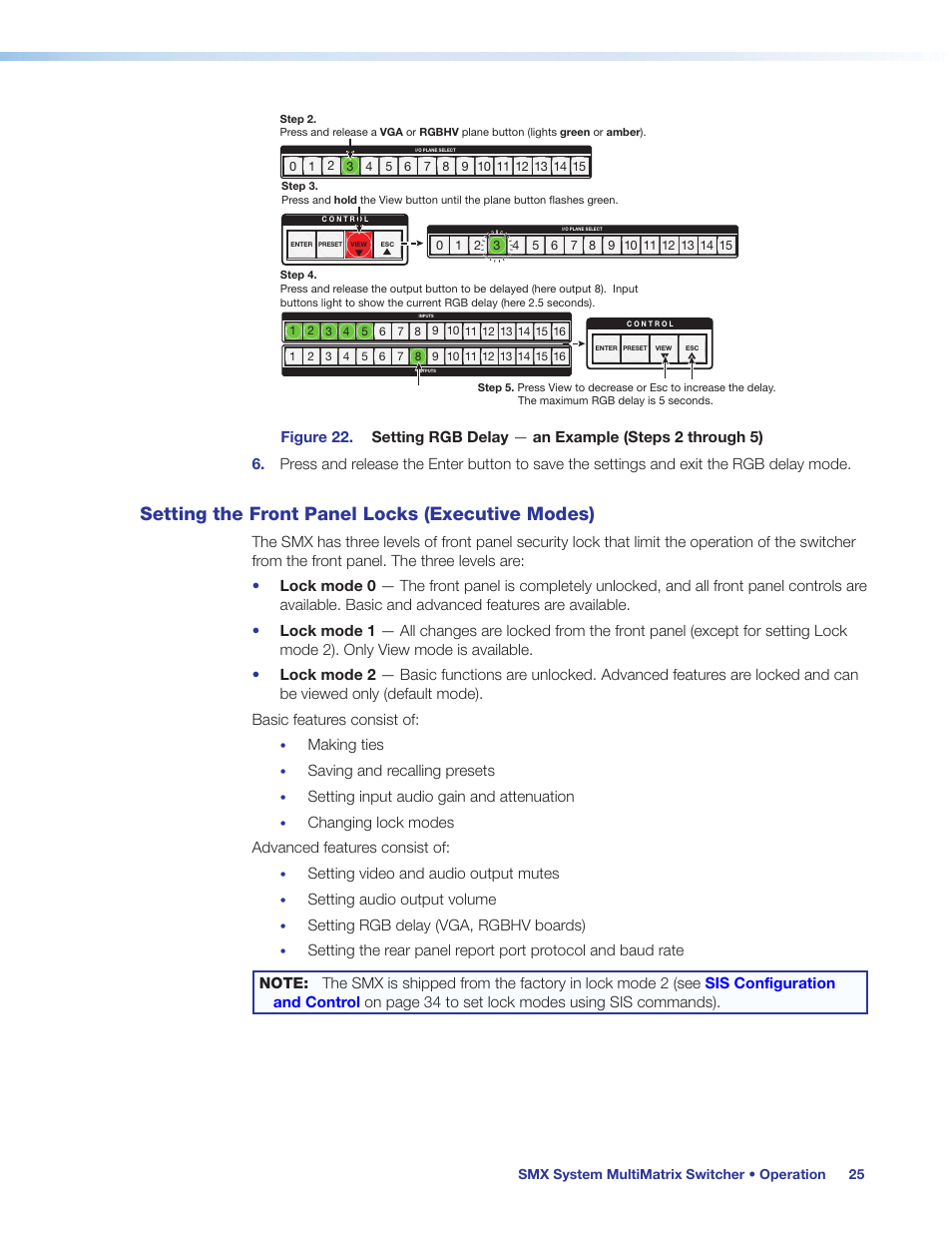 Setting the front panel locks (executive modes), Setting the front panel locks, Executive modes) | Extron Electronics SMX System User Guide User Manual | Page 31 / 124