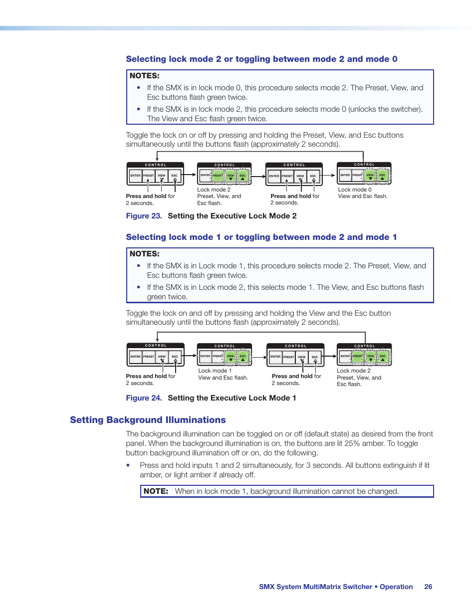 Setting background illuminations, Figure 23. setting the executive lock mode 2, Figure 24. setting the executive lock mode 1 | Smx system multimatrix switcher • operation 26 | Extron Electronics SMX System User Guide User Manual | Page 32 / 124