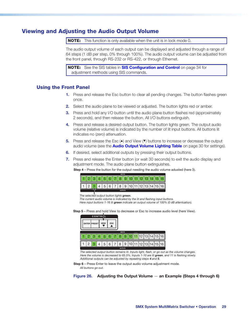 Viewing and adjusting the audio output volume, Using the front panel, Viewing and adjusting the audio output | Volume | Extron Electronics SMX System User Guide User Manual | Page 35 / 124