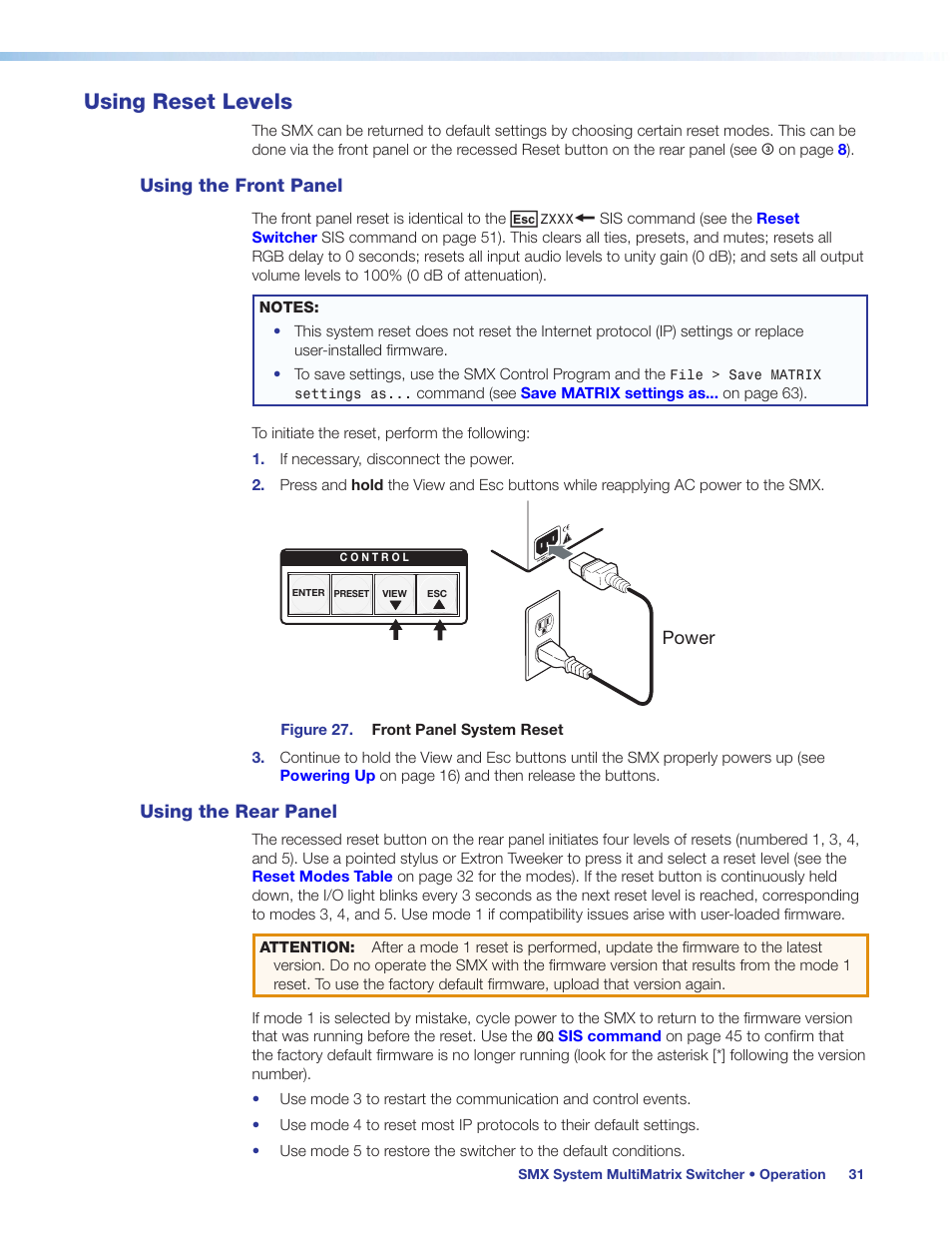 Using reset levels, Using the front panel, Using the rear panel | Using the front panel using the rear panel | Extron Electronics SMX System User Guide User Manual | Page 37 / 124