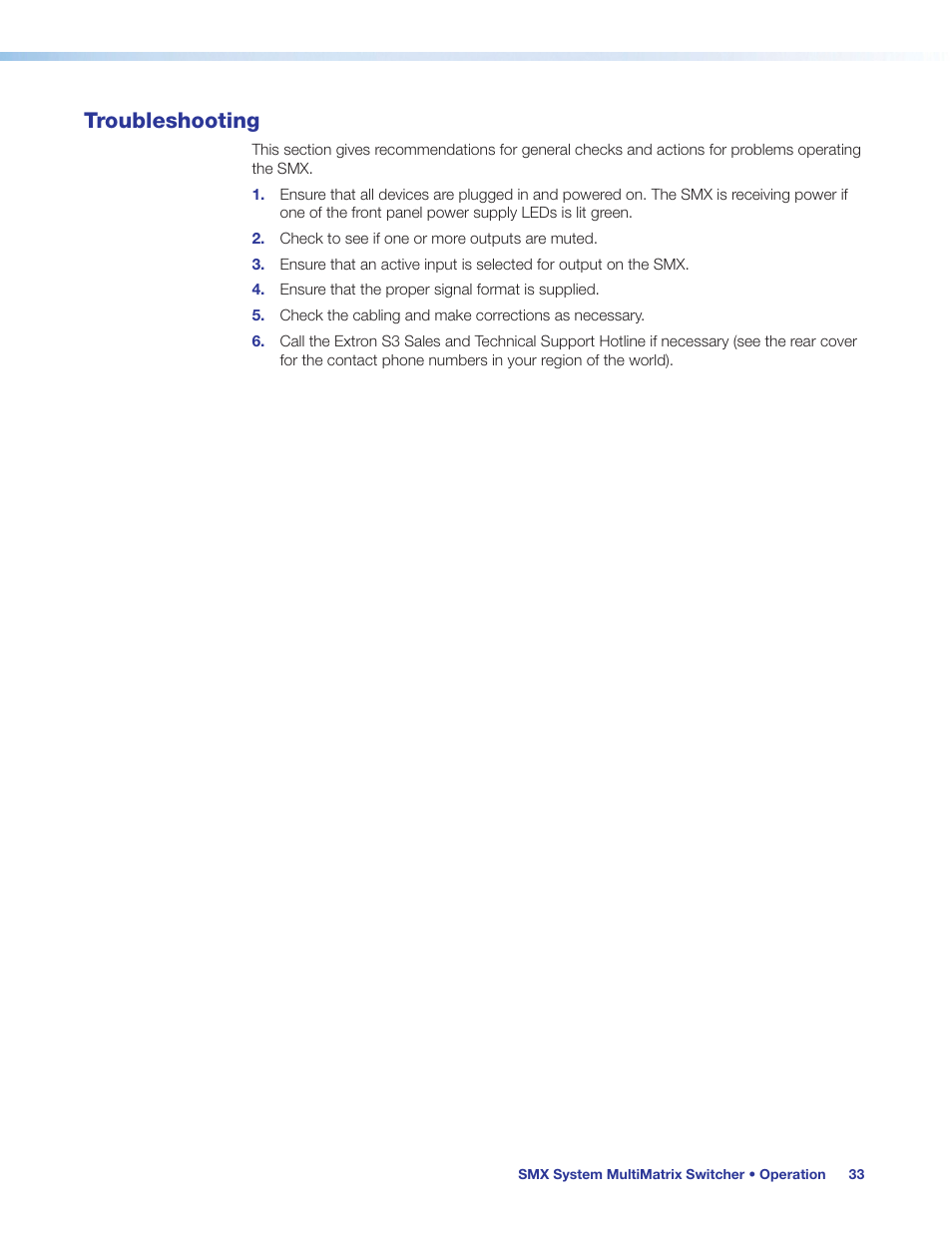 Troubleshooting | Extron Electronics SMX System User Guide User Manual | Page 39 / 124