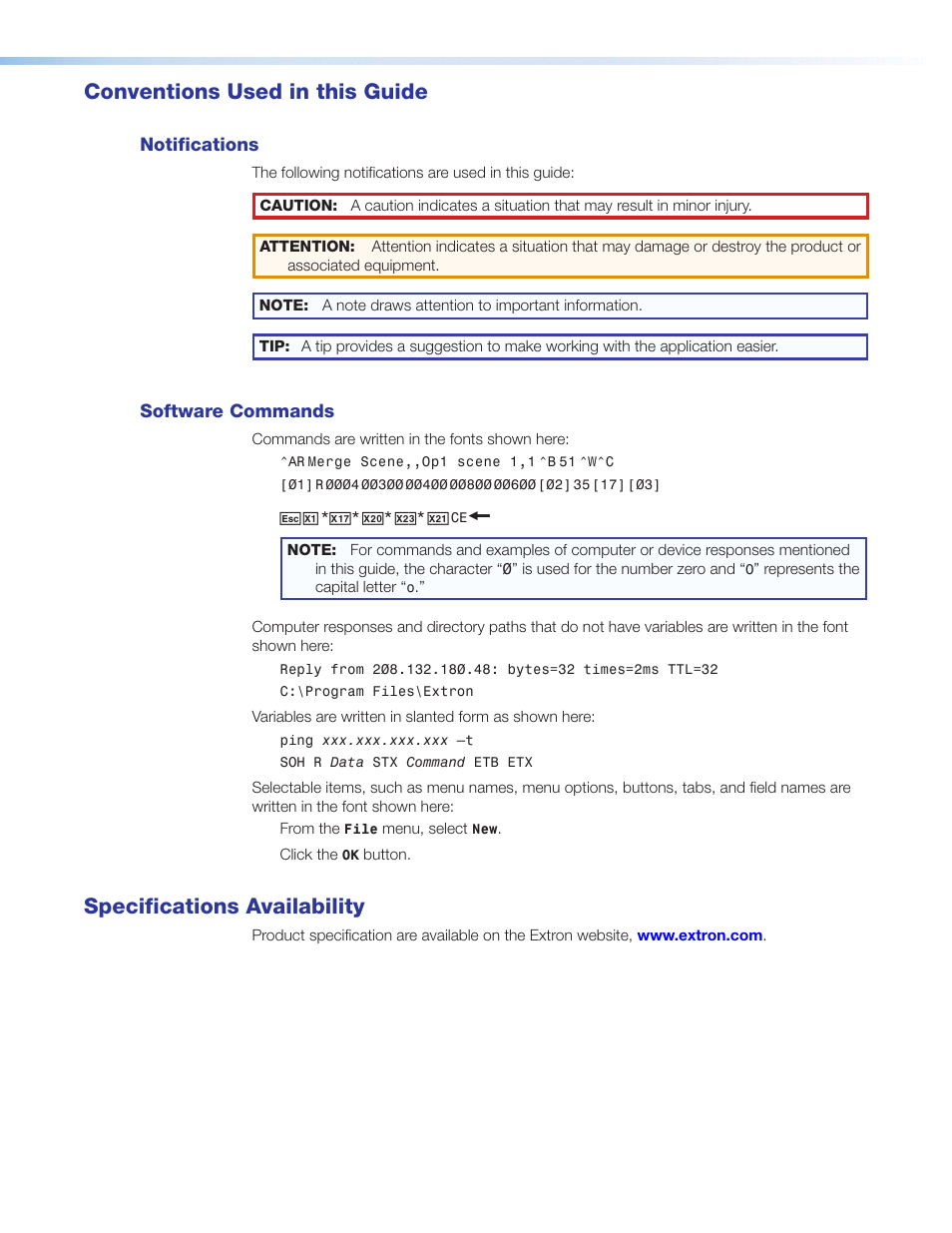 Conventions used in this guide, Specifications availability | Extron Electronics SMX System User Guide User Manual | Page 4 / 124