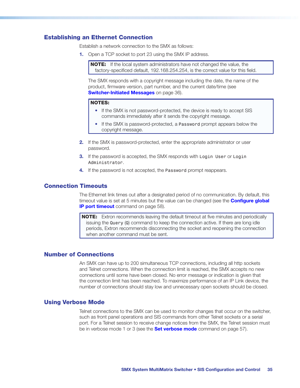 Establishing an ethernet connection, Connection timeouts, Number of connections | Using verbose mode | Extron Electronics SMX System User Guide User Manual | Page 41 / 124