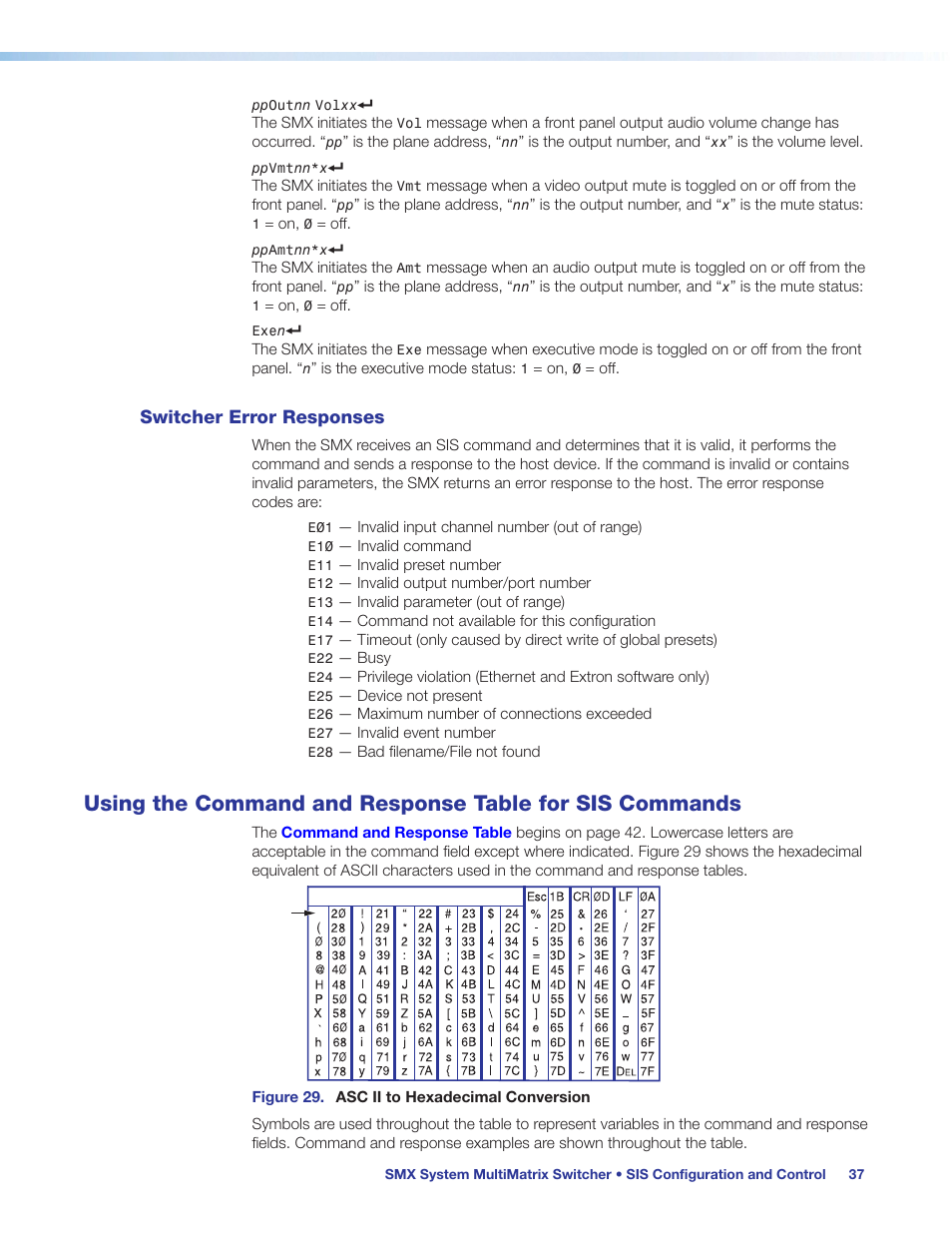 Switcher error responses, Using the command and response table, For sis commands | Extron Electronics SMX System User Guide User Manual | Page 43 / 124