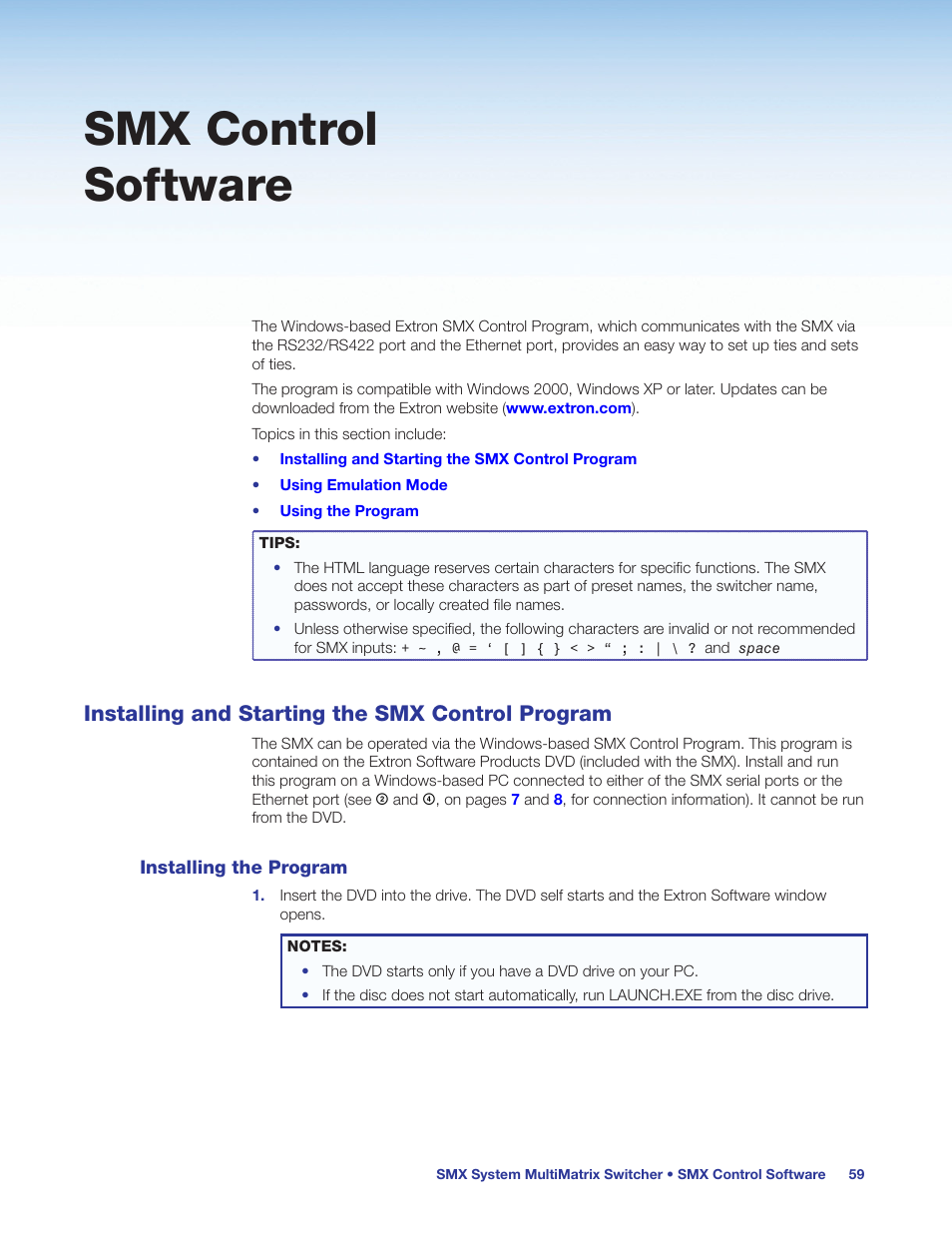 Smx control software, Installing and starting the smx control program, Installing the program | Installing and starting the smx control, Program, Control software | Extron Electronics SMX System User Guide User Manual | Page 65 / 124