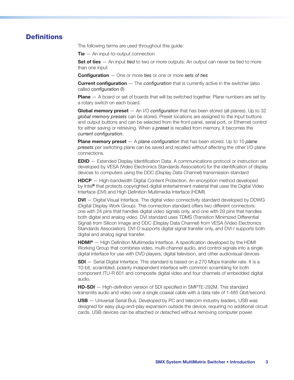 Definitions | Extron Electronics SMX System User Guide User Manual | Page 9 / 124