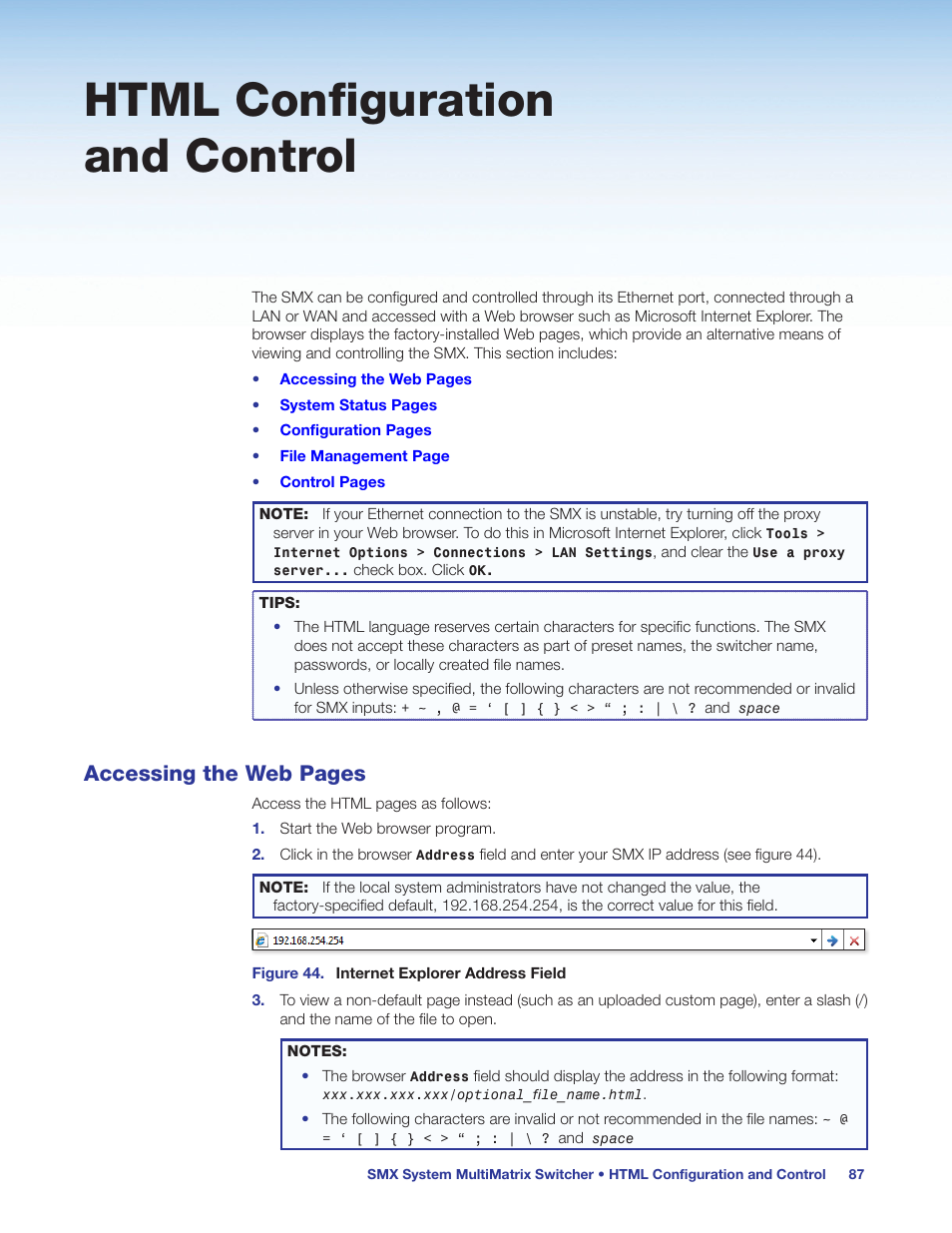 Html configuration and control, Html control and configuration, Html configuration | And control, E, or, Accessing the web pages | Extron Electronics SMX System User Guide User Manual | Page 93 / 124