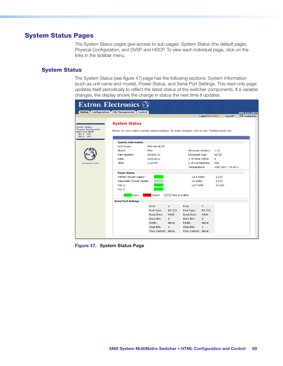 System status, System status pages | Extron Electronics SMX System User Guide User Manual | Page 95 / 124