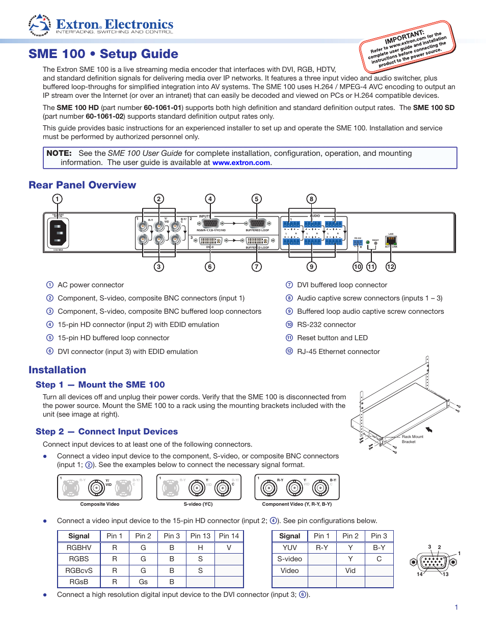 Extron Electronics SME 100 Setup Guide User Manual | 4 pages