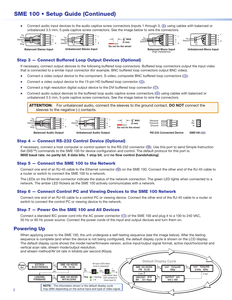 Sme 100 • setup guide (continued), Powering up, Step 4 — connect rs-232 control device (optional) | Step 5 — connect the sme 100 to the network, Step 7 — power on the sme 100 and all devices | Extron Electronics SME 100 Setup Guide User Manual | Page 2 / 4