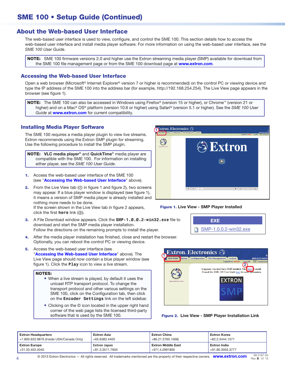 Sme 100 • setup guide (continued), About the web-based user interface, Accessing the web-based user interface | Installing media player software | Extron Electronics SME 100 Setup Guide User Manual | Page 4 / 4
