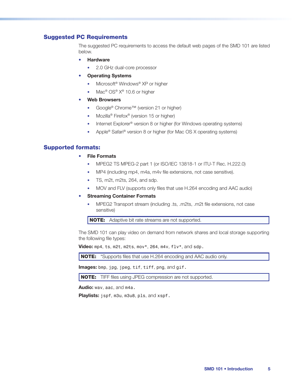 Suggested pc requirements, Supported formats, Suggested pc requirements supported formats | Extron Electronics SMD 101 User Guide User Manual | Page 11 / 105