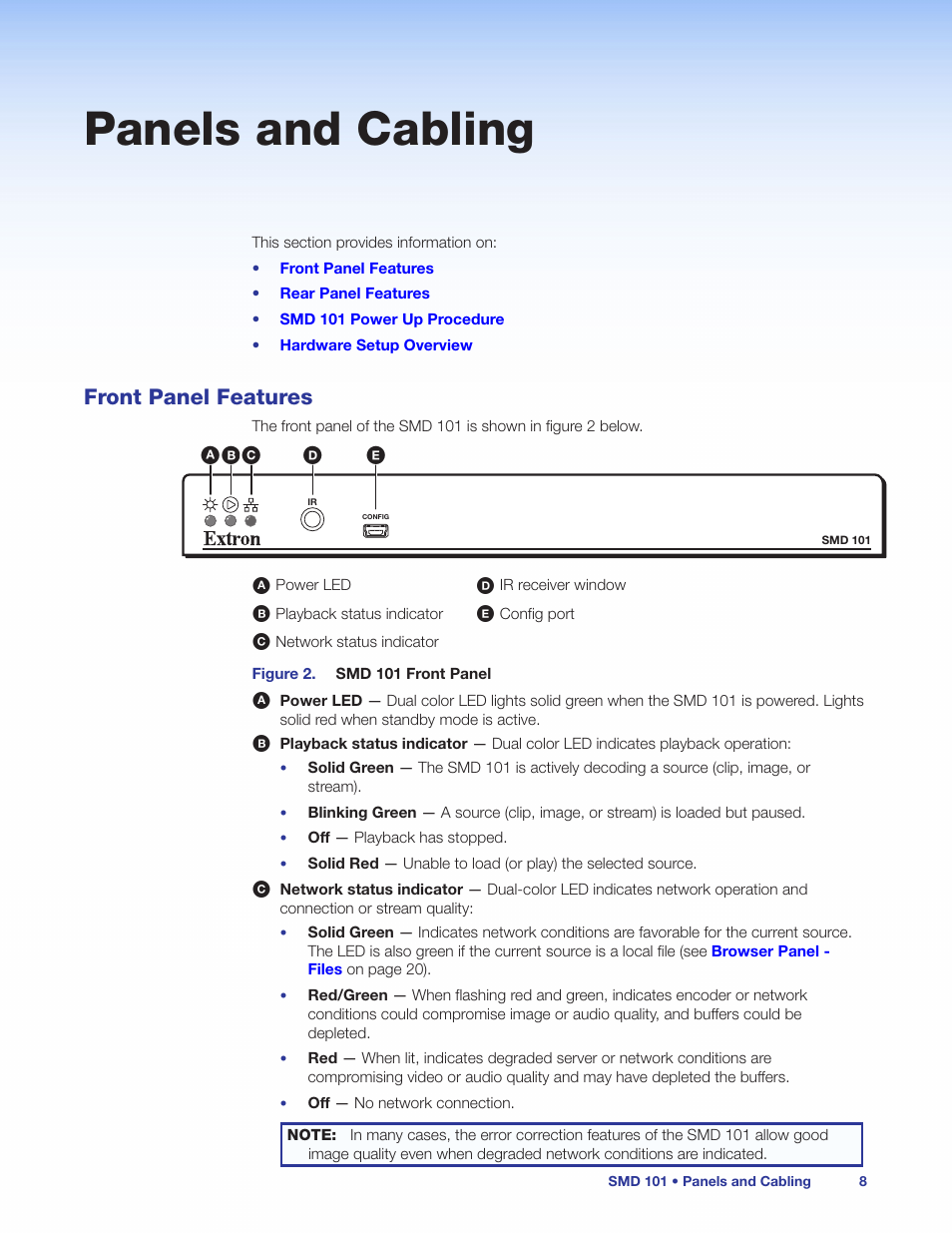 Panels and cabling, Front panel features | Extron Electronics SMD 101 User Guide User Manual | Page 14 / 105