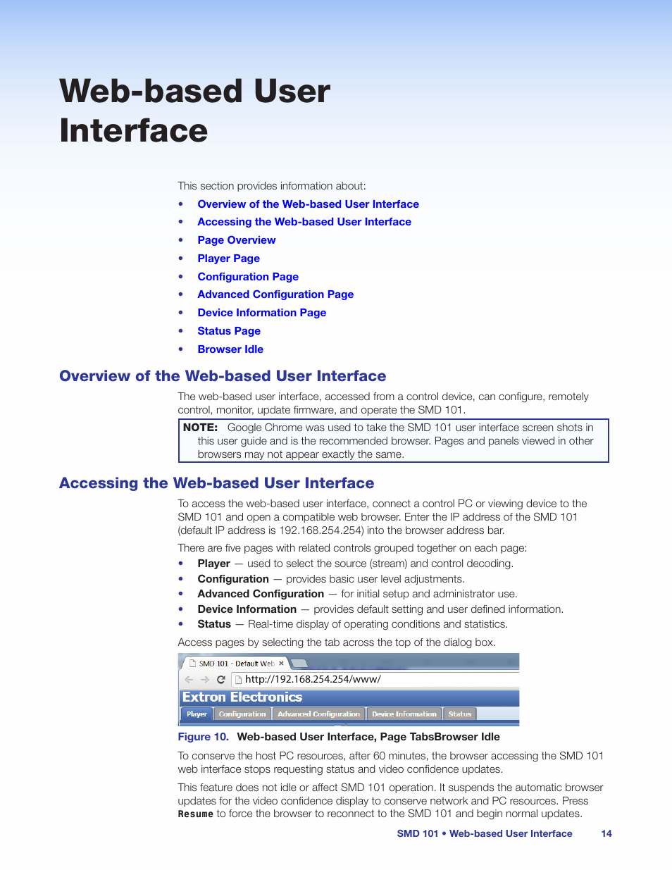 Web-based user interface, Overview of the web-based user interface, Accessing the web-based user interface | Settings of the smd 101 prior to starting (see, Accessing the web-based user, Interface, Accessing the | Extron Electronics SMD 101 User Guide User Manual | Page 20 / 105