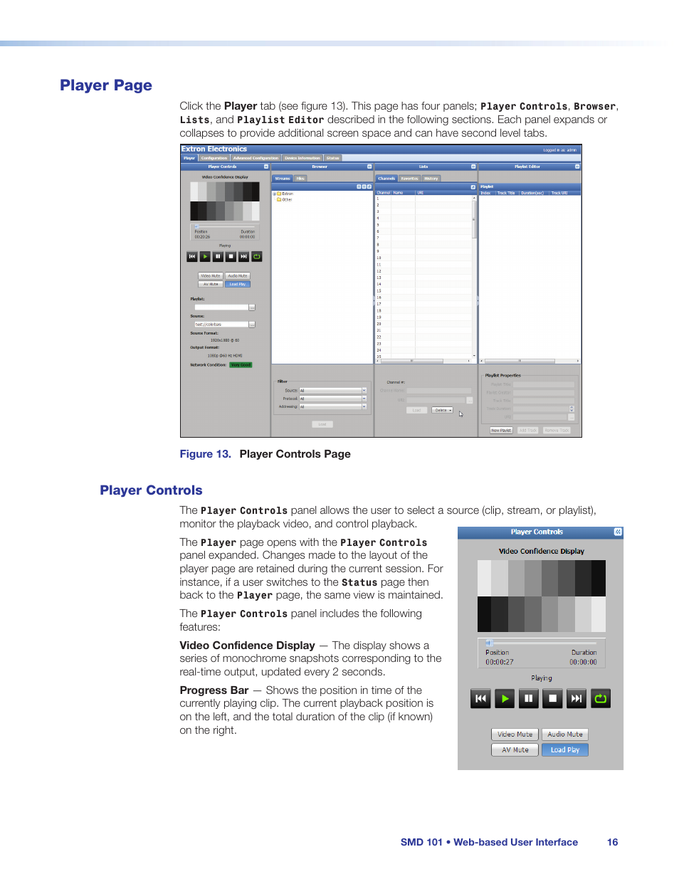 Player controls, E interface (see, Player page | Extron Electronics SMD 101 User Guide User Manual | Page 22 / 105