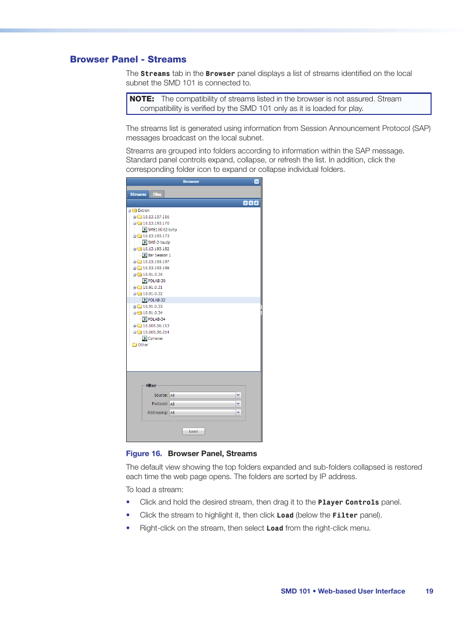 Browser panel - streams | Extron Electronics SMD 101 User Guide User Manual | Page 25 / 105