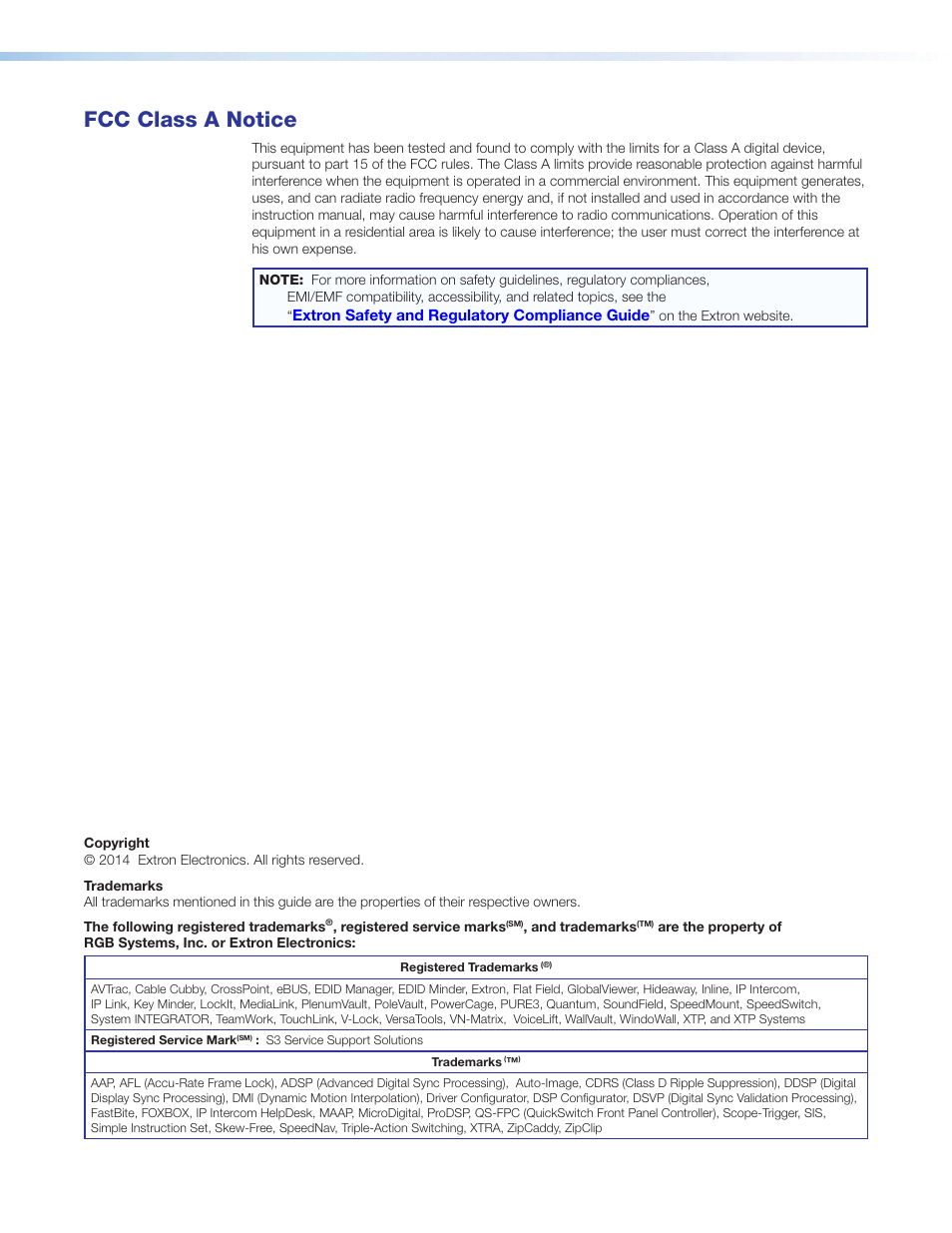 Regulatory, copyrights, and trademarks, Fcc class a notice | Extron Electronics SMD 101 User Guide User Manual | Page 3 / 105