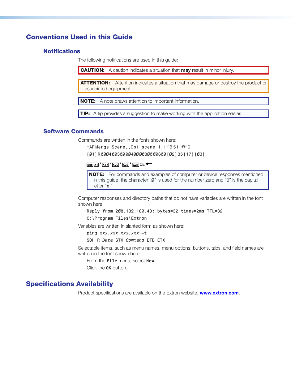 Conventions used in this guide, Specifications availability | Extron Electronics SMD 101 User Guide User Manual | Page 4 / 105