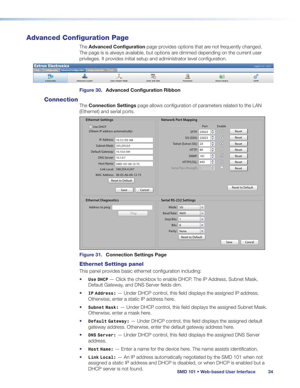 Connection, Advanced configuration page, Ethernet settings panel | Extron Electronics SMD 101 User Guide User Manual | Page 40 / 105