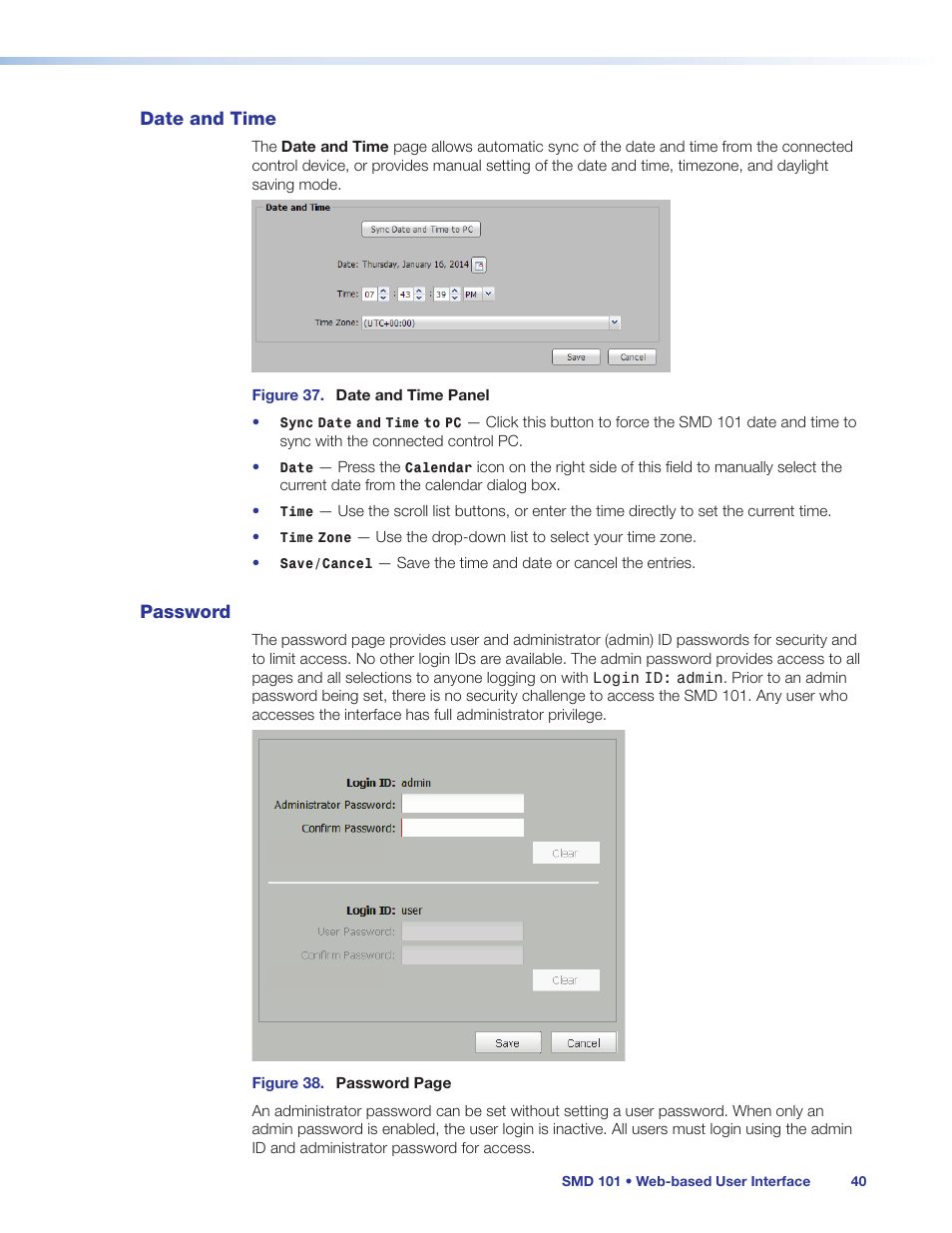 Date and time, Password, Date and time password | Extron Electronics SMD 101 User Guide User Manual | Page 46 / 105