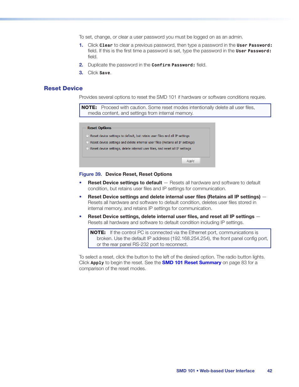 Reset device, Eset using the web-based user interface (see, Reset | Device, Or using the web-based user interface (see | Extron Electronics SMD 101 User Guide User Manual | Page 48 / 105