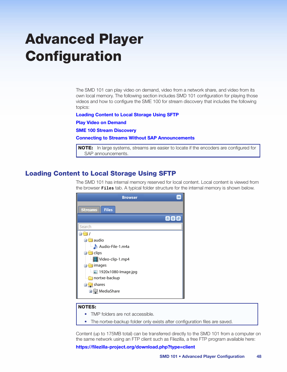 Advanced player configuration, Loading content to local storage using sftp, Loading content to local storage | Using sftp | Extron Electronics SMD 101 User Guide User Manual | Page 54 / 105