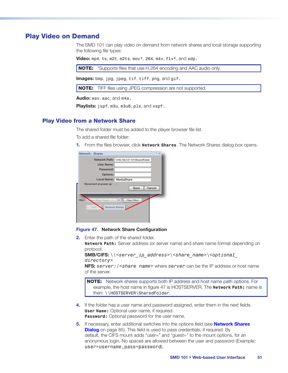 Play video on demand, Play video from a network share | Extron Electronics SMD 101 User Guide User Manual | Page 57 / 105