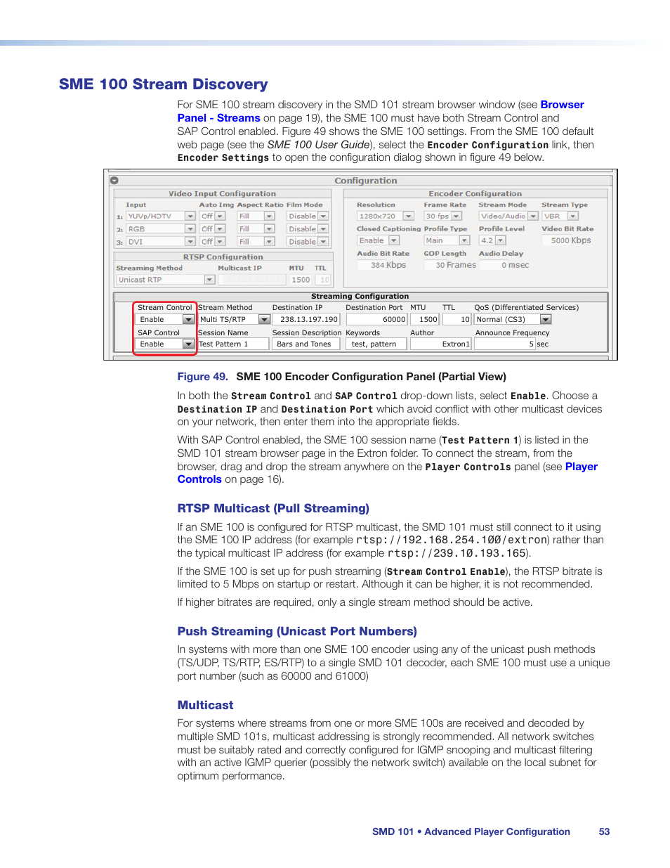 Sme 100 stream discovery, Rtsp multicast (pull streaming), Push streaming (unicast port numbers) | Multicast | Extron Electronics SMD 101 User Guide User Manual | Page 59 / 105