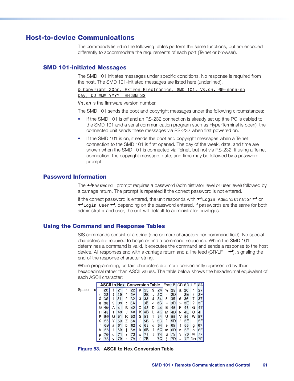 Host-to-device communications, Smd 101-initiated messages, Password information | Using the command and response tables, Response tables | Extron Electronics SMD 101 User Guide User Manual | Page 67 / 105