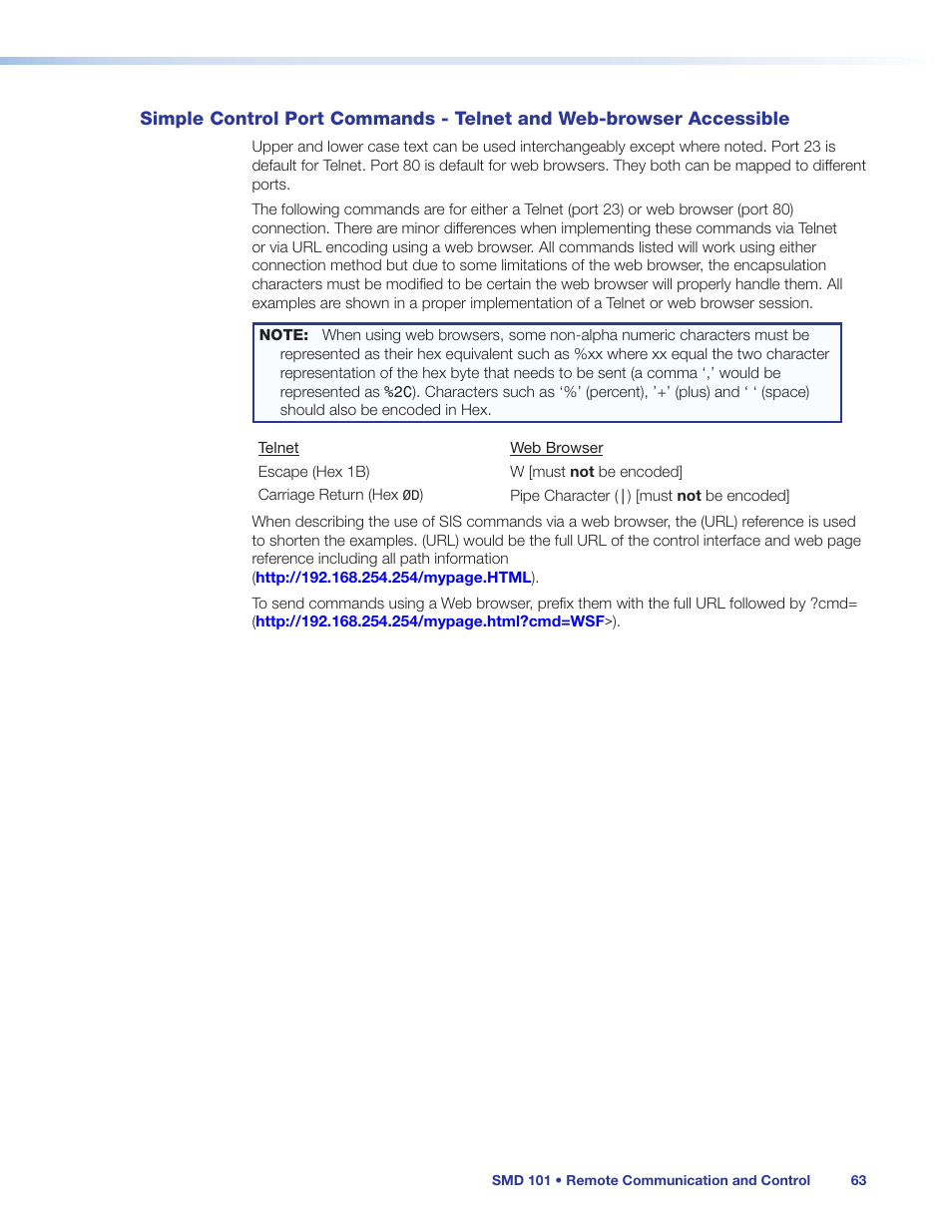 Simple control port commands - telnet, And web-browser accessible | Extron Electronics SMD 101 User Guide User Manual | Page 69 / 105