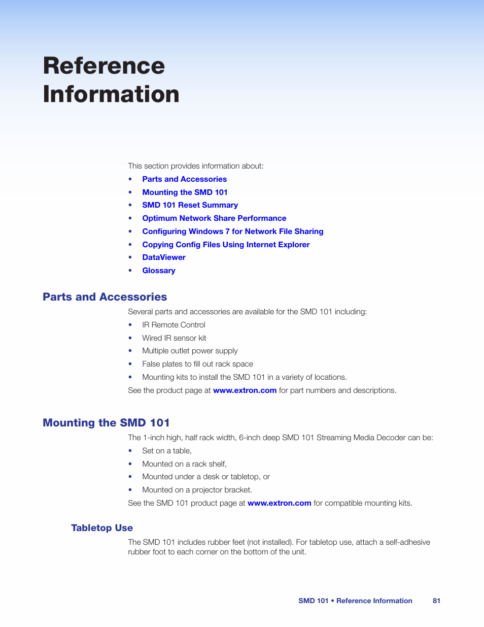 Reference information, Parts and accessories, Mounting the smd 101 | Tabletop use, Parts and accessories mounting the smd 101, Mount the smd 101 (see | Extron Electronics SMD 101 User Guide User Manual | Page 87 / 105