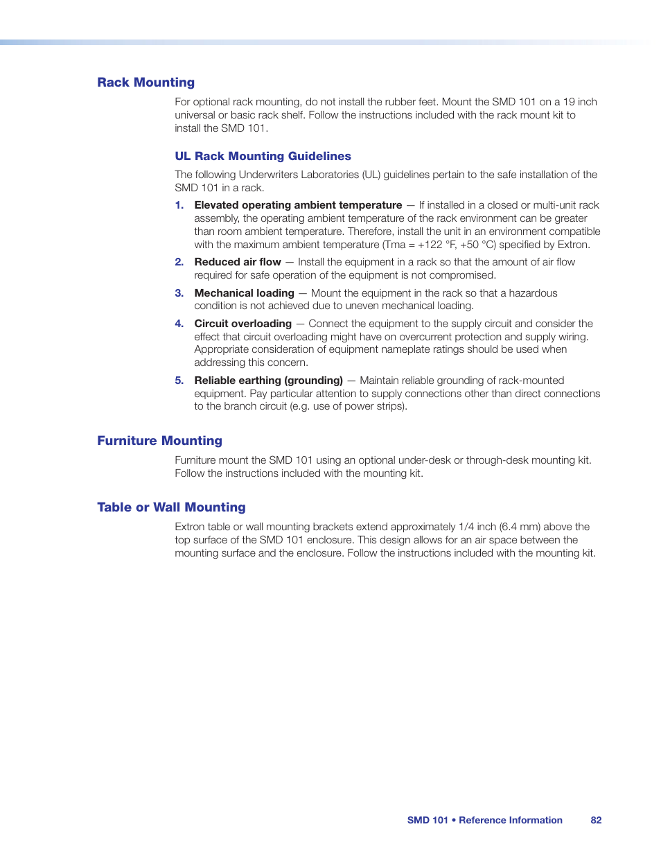 Rack mounting, Furniture mounting, Table or wall mounting | Extron Electronics SMD 101 User Guide User Manual | Page 88 / 105