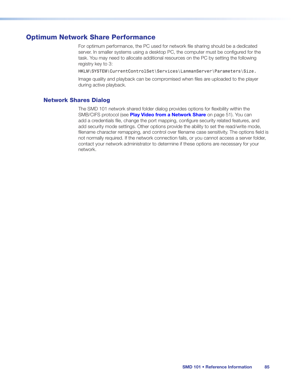 Optimum network share performance, Network shares dialog, Network shares | Dialog | Extron Electronics SMD 101 User Guide User Manual | Page 91 / 105