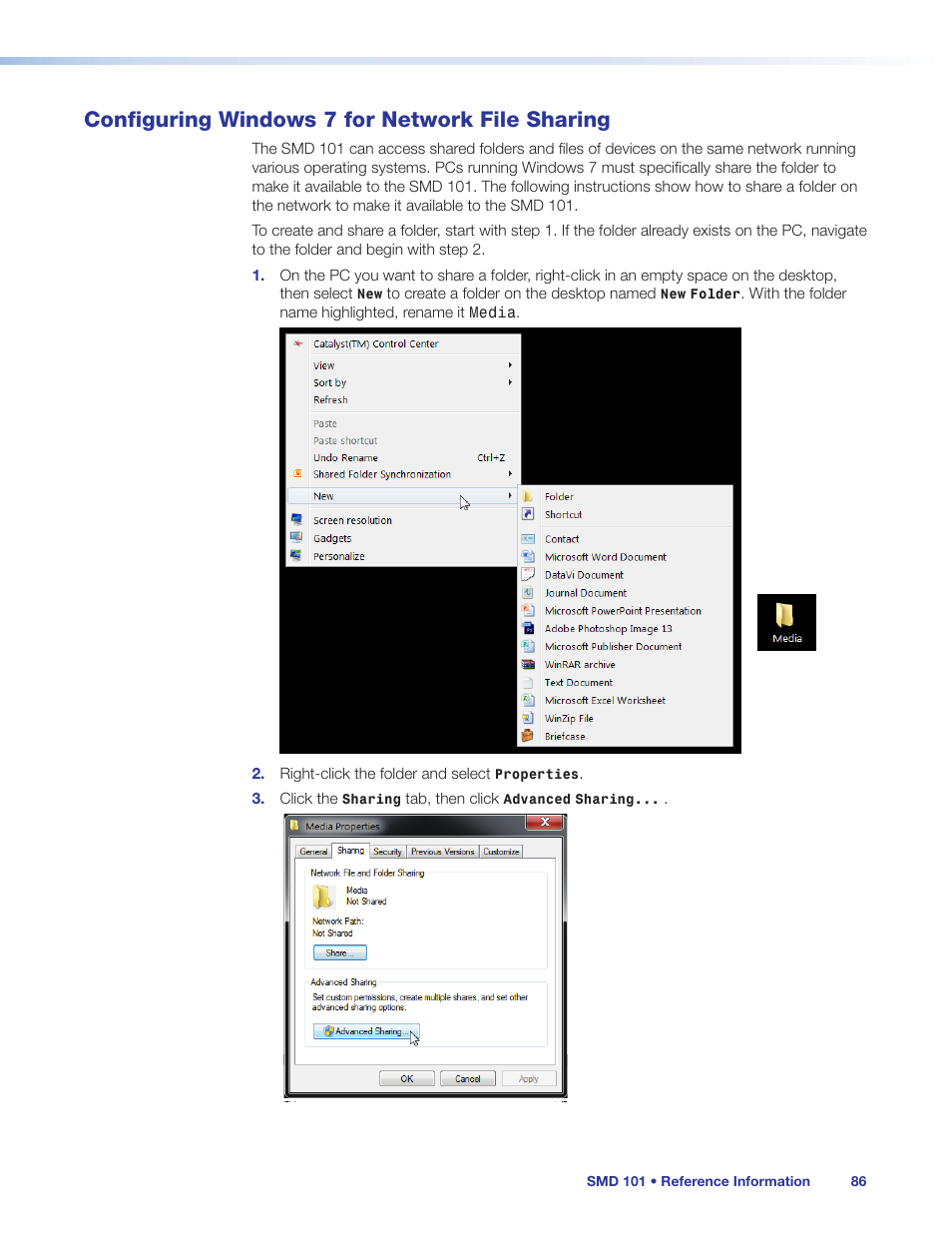 Configuring windows 7 for network file sharing, Configuring windows 7 for, Network file sharing | Extron Electronics SMD 101 User Guide User Manual | Page 92 / 105