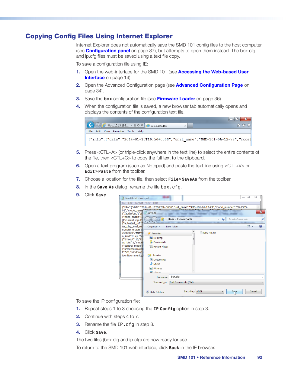 Copying config files using internet explorer, Copying config files, Using internet explorer | Extron Electronics SMD 101 User Guide User Manual | Page 98 / 105