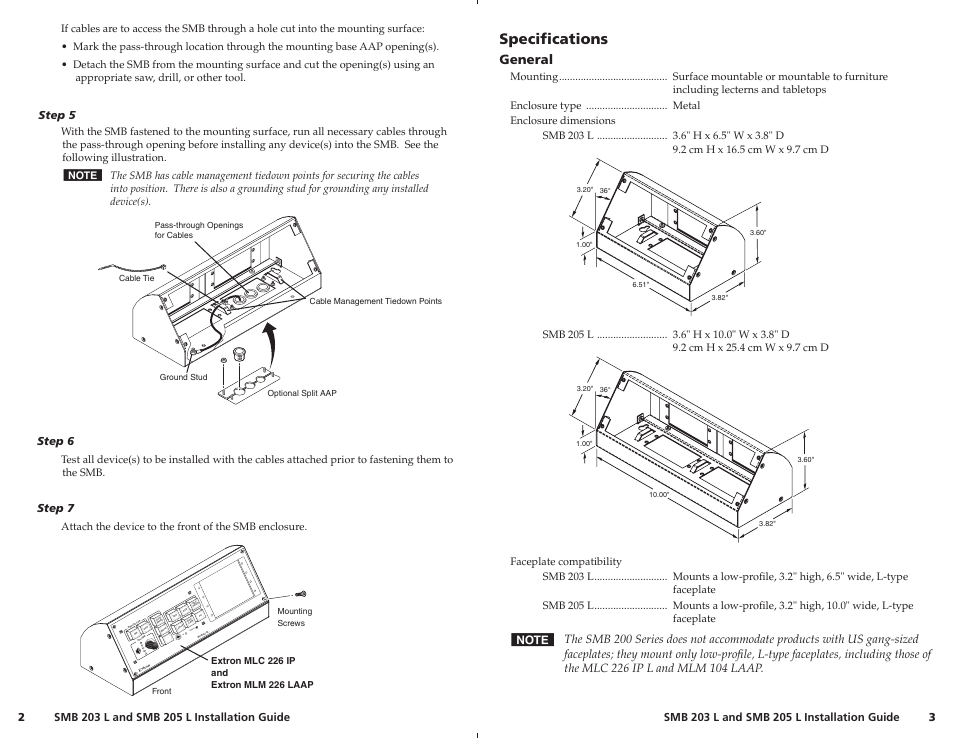 Specifications, Config ir, General | Extron Electronics SMB 205 L User Manual | Page 3 / 4
