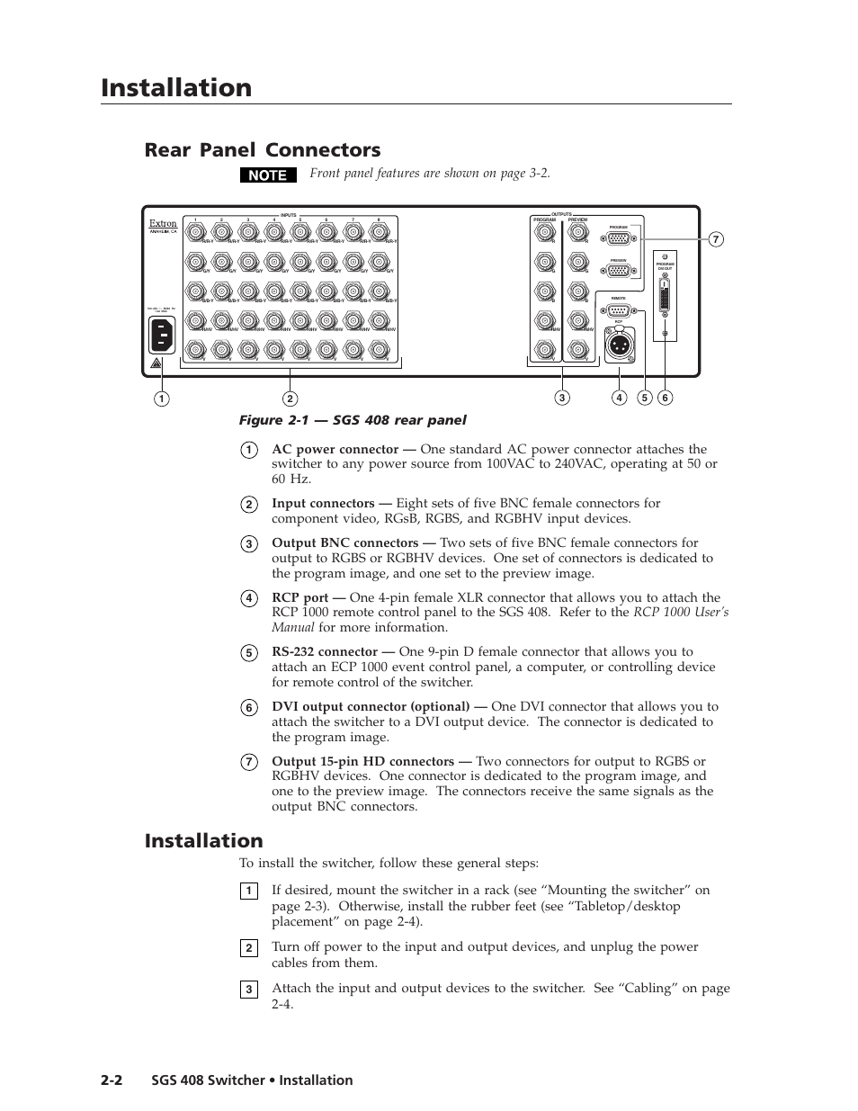 Installation, Installation, cont’d, Rear panel connectors | Extron Electronics SGS 408 User Guide User Manual | Page 12 / 64