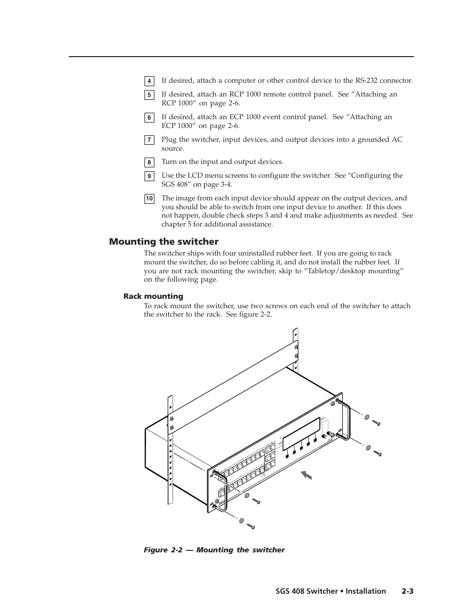 Mounting the switcher, 3 sgs 408 switcher • installation, Rack mounting | Turn on the input and output devices | Extron Electronics SGS 408 User Guide User Manual | Page 13 / 64