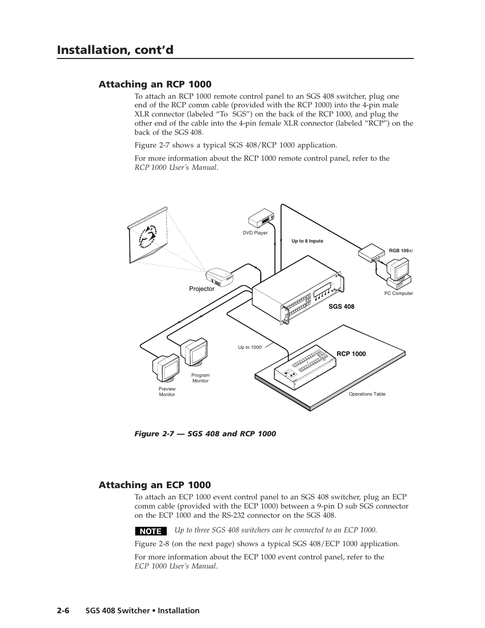 Installation, cont’d, Attaching an rcp 1000, Attaching an ecp 1000 | Extron Electronics SGS 408 User Guide User Manual | Page 16 / 64