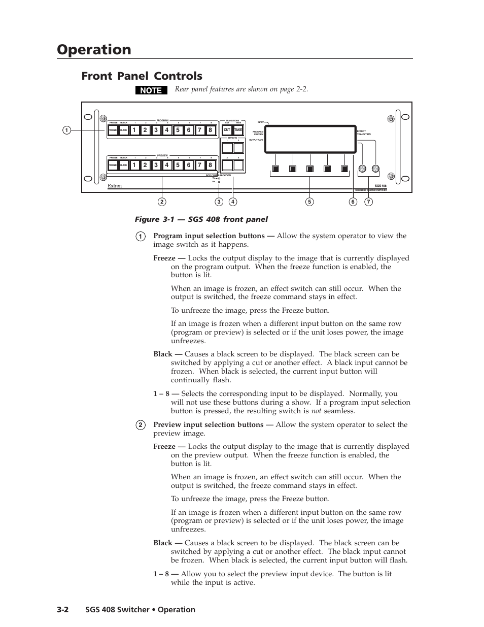 Operation, Operation, cont’d, Front panel controls | Extron Electronics SGS 408 User Guide User Manual | Page 20 / 64
