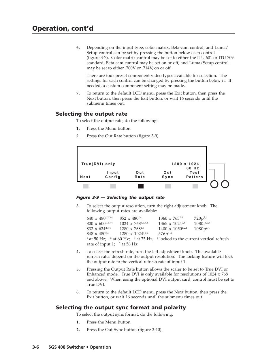Operation, cont’d, Selecting the output rate, Selecting the output sync format and polarity | Extron Electronics SGS 408 User Guide User Manual | Page 24 / 64