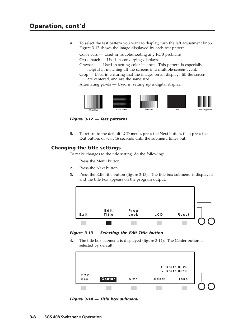 Operation, cont’d, Changing the title settings | Extron Electronics SGS 408 User Guide User Manual | Page 26 / 64
