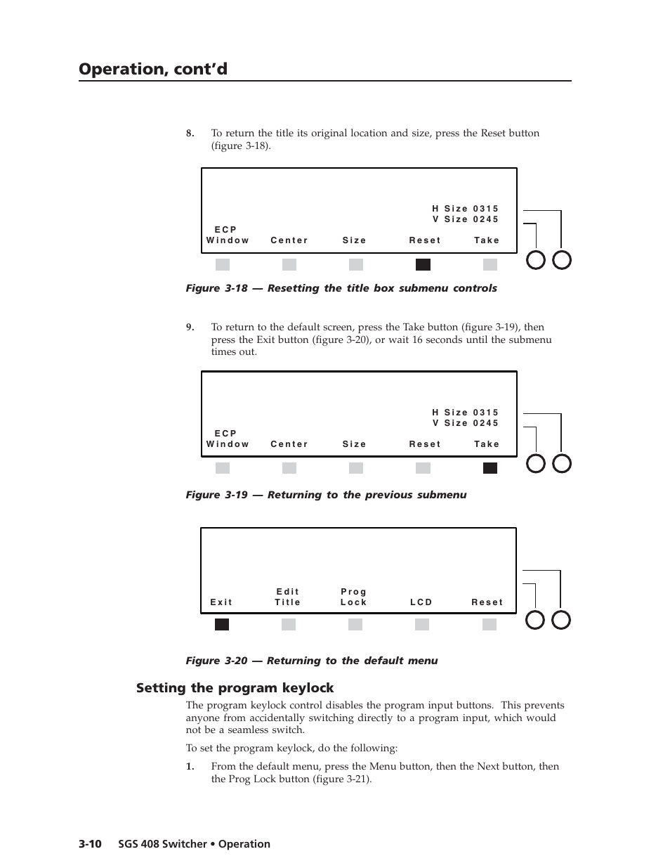 Operation, cont’d, Setting the program keylock | Extron Electronics SGS 408 User Guide User Manual | Page 28 / 64