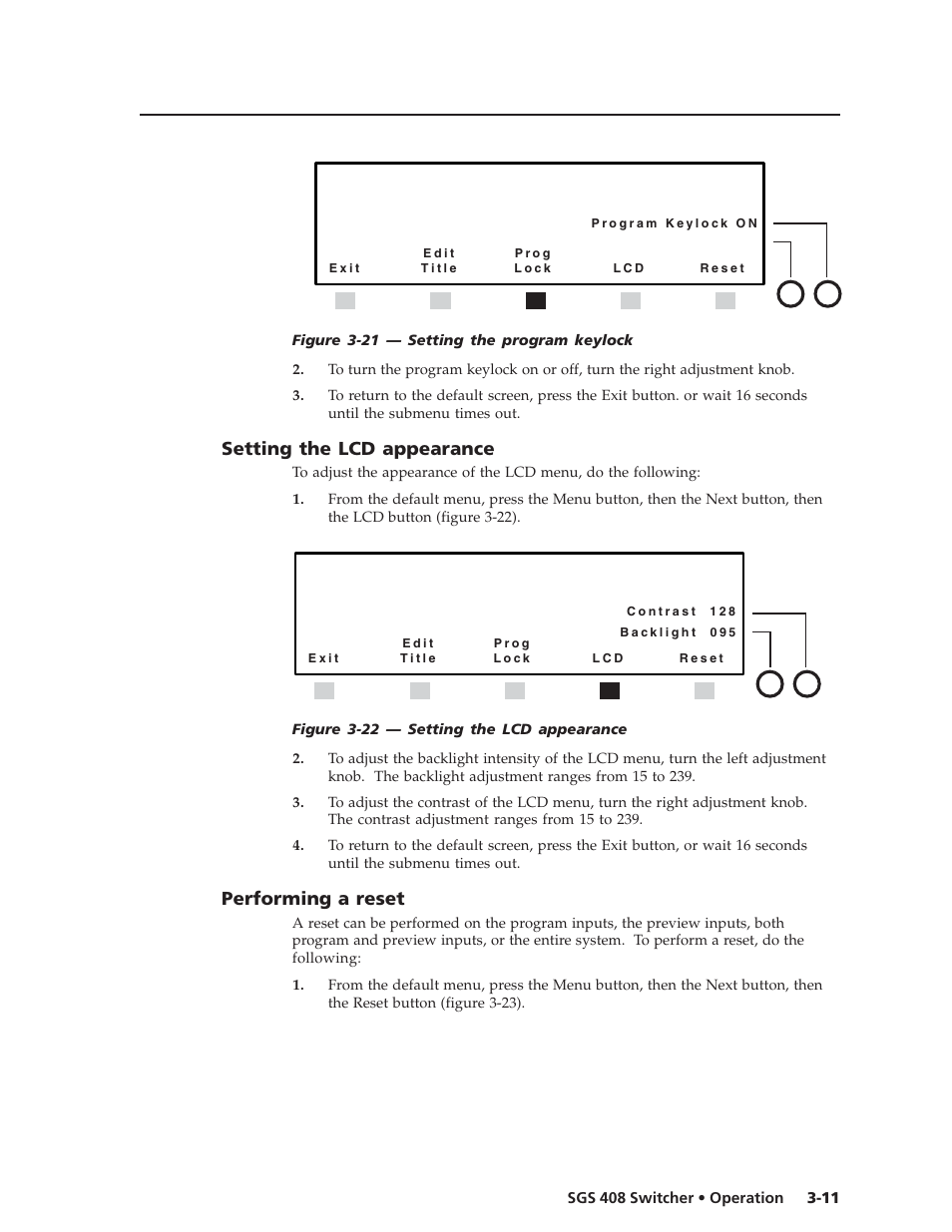 Setting the lcd appearance, Performing a reset | Extron Electronics SGS 408 User Guide User Manual | Page 29 / 64