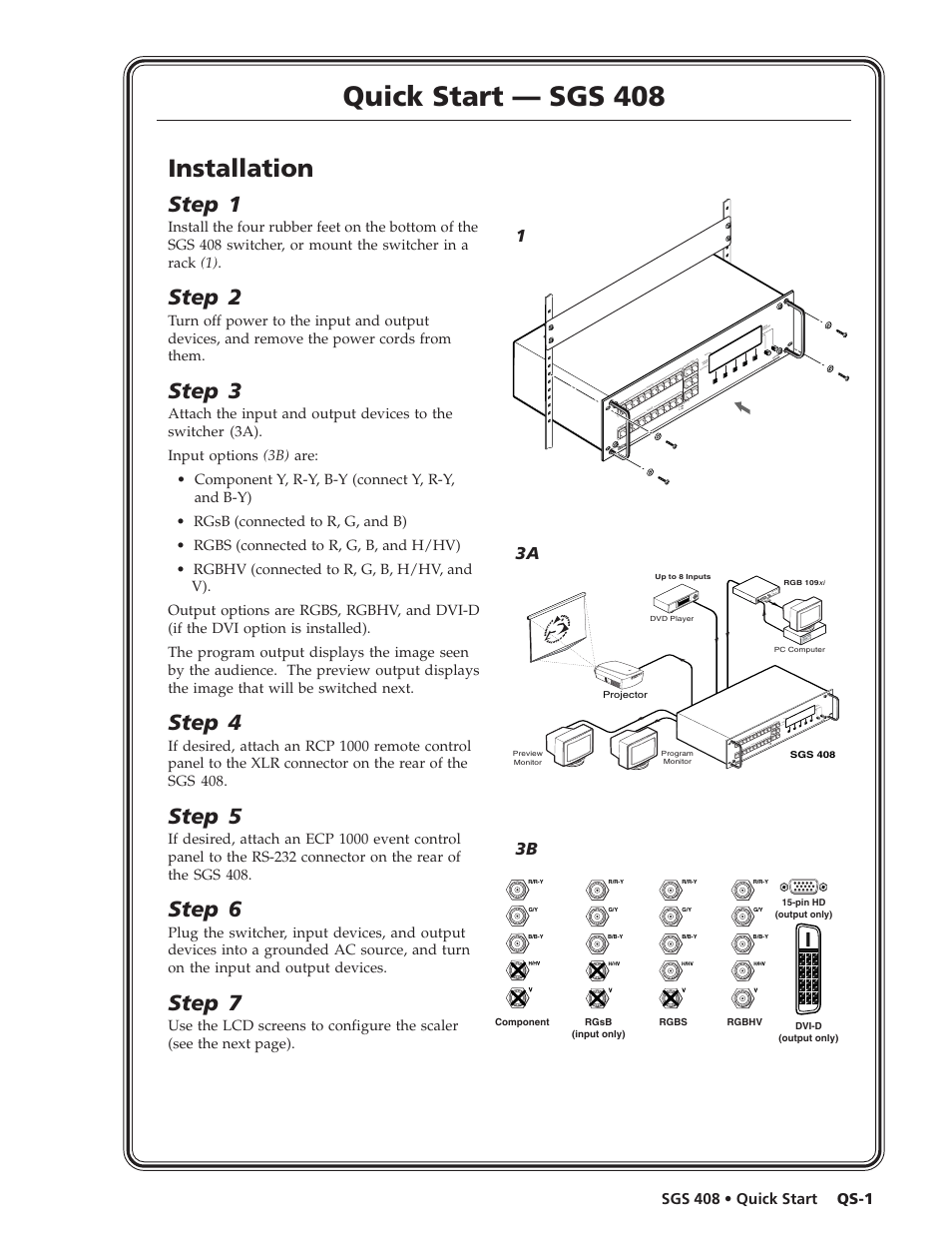 Quick start — sgs 408, Installation, Step 1 | Step 2, Step 3, Step 4, Step 5, Step 6, Step 7, 3a 3b | Extron Electronics SGS 408 User Guide User Manual | Page 3 / 64