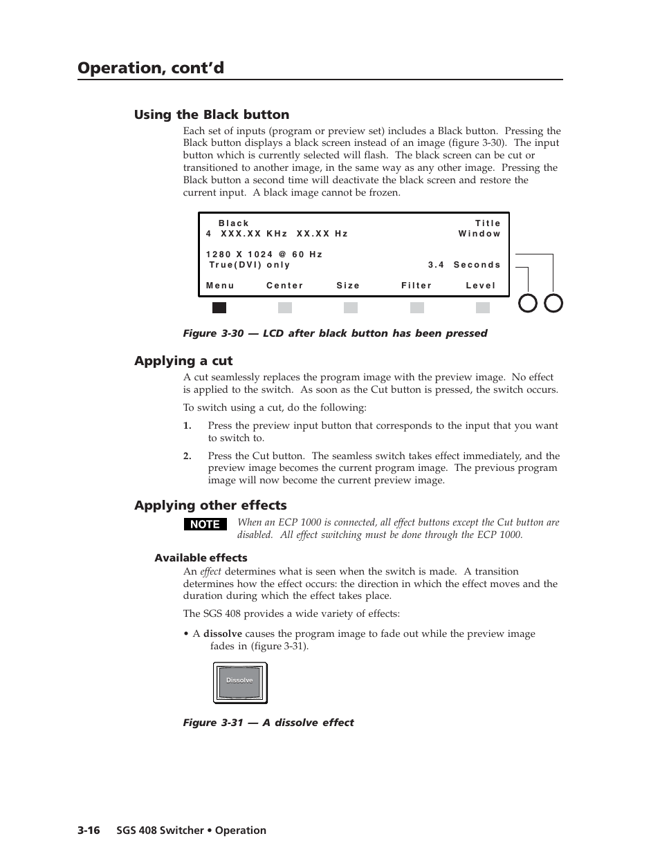 Operation, cont’d, Using the black button, Applying a cut | Applying other effects | Extron Electronics SGS 408 User Guide User Manual | Page 34 / 64