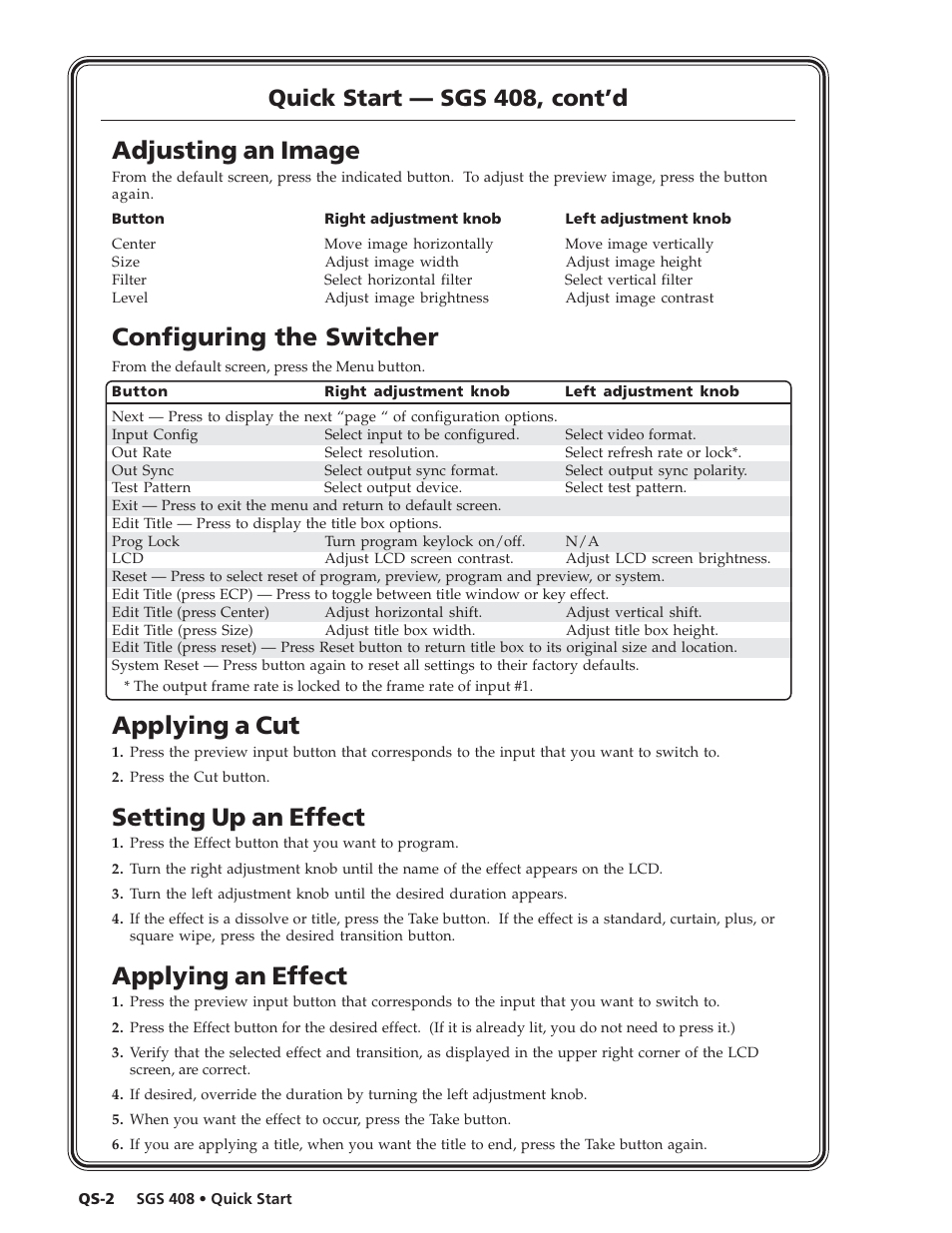 Adjusting an image, Configuring the switcher, Applying a cut | Setting up an effect, Applying an effect, Quick start — sgs 408, cont’d | Extron Electronics SGS 408 User Guide User Manual | Page 4 / 64