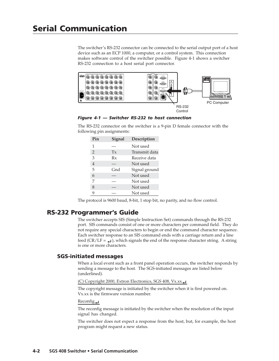 Serial communication, Serial communication, cont’d, Rs-232 programmer’s guide | Sgs-initiated messages, Rs-232 control pc computer | Extron Electronics SGS 408 User Guide User Manual | Page 44 / 64