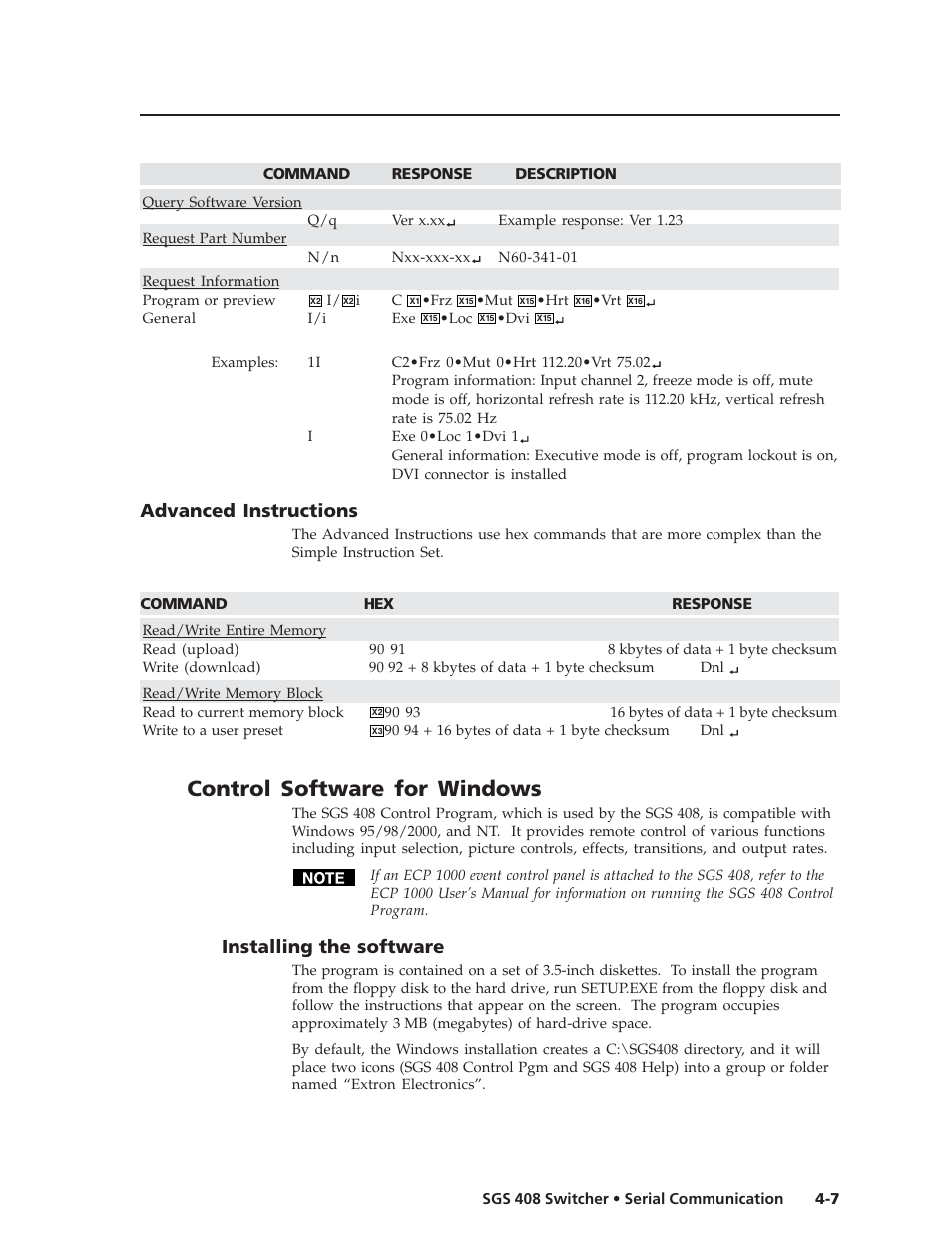 Control software for windows, Advanced instructions, Installing the software | Extron Electronics SGS 408 User Guide User Manual | Page 49 / 64